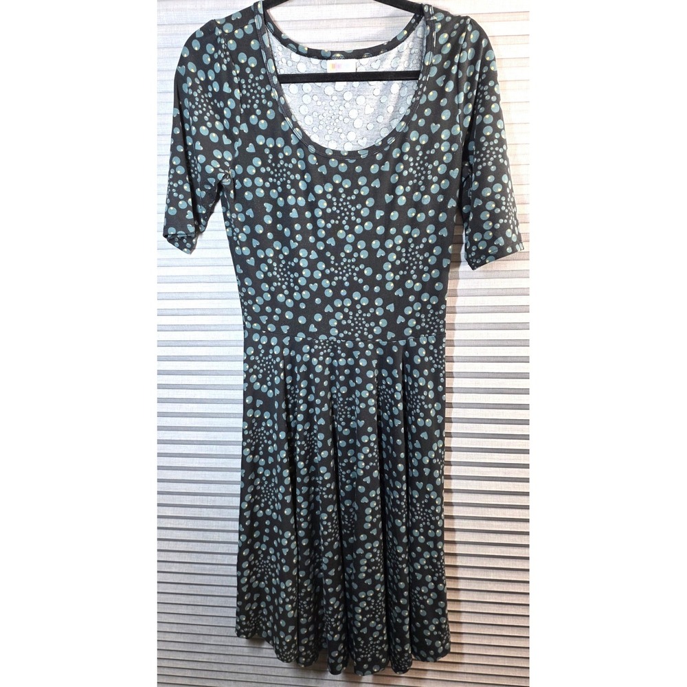 LuLaRoe Nicole Fit and Flare Dress Sm S Small Black Khaki Blue Polka Dot Hearts